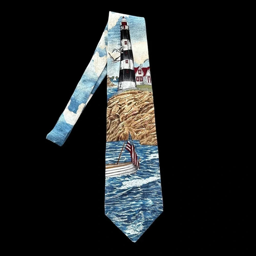 NWT Tango Max Raab Americana Series Harbor Light House Necktie Tie Flag Silk New